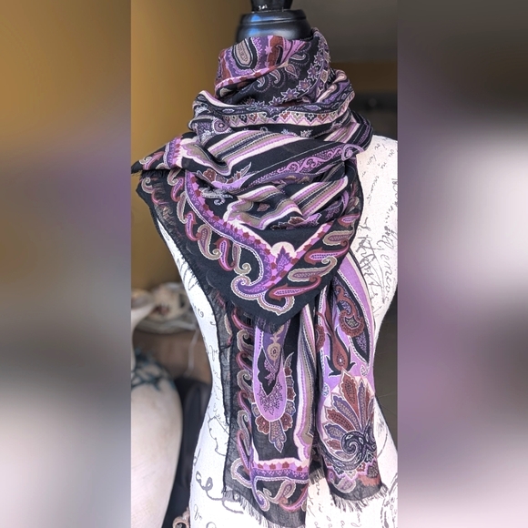 ETRO Milano Silk & Wool Purple Pink Black Paisley Print Large Scarf 67x26 - Picture 6 of 13
